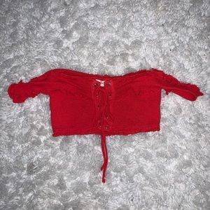American Threads Red Off-the-Shoulder Crop Top